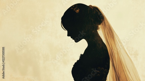 Silhouette of sad bride in profile, delicate veil and dress, elegant hairstyle. Graceful pose, timeless beauty of wedding ceremony. Forced marriage or by arrangement concept. Woman doesn't want. photo