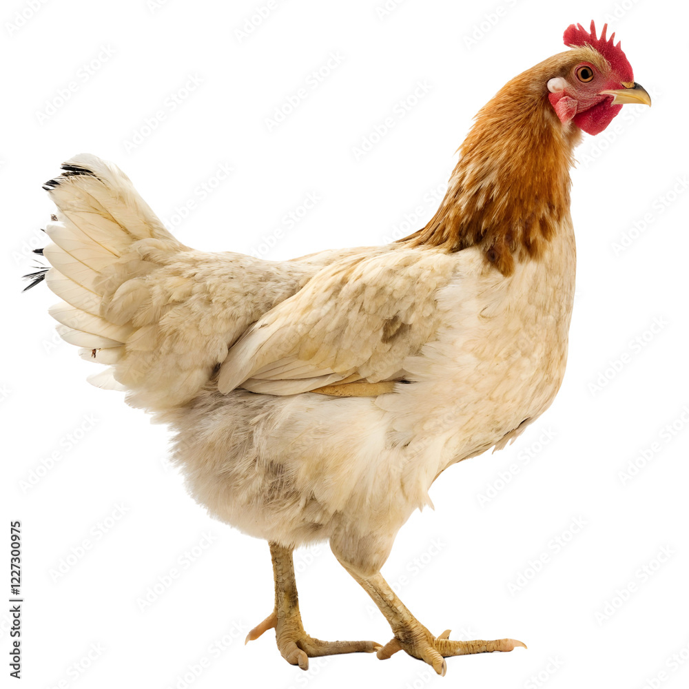 Fototapeta premium Farmyard hen walking across the barnyard during a sunny afternoon at a rural location