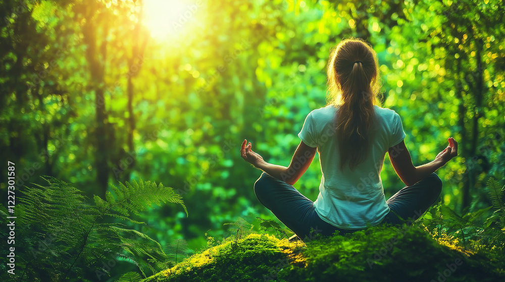 Finding Inner Peace: A woman meditates in a serene forest, bathed in the golden light of the setting sun. Her peaceful posture and the tranquil atmosphere evoke a sense of calmness and tranquility. Finding Inner Peace: A woman meditates in a serene forest, bathed in the golden light of the setting sun. Her peaceful posture and the tranquil atmosphere evoke a sense of calmness and tranquility.