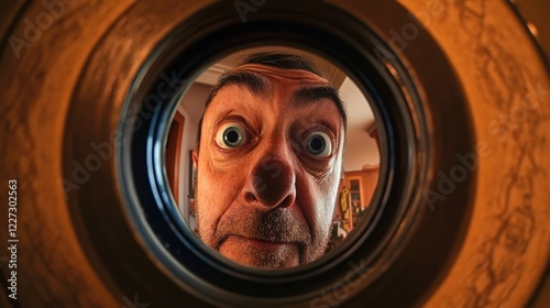 Funny crazy silly neighbor looks through door peephole. How to get a neighbor. Humor, funny life joke. Problem with neighbors. Annoying person close up. Curious man watch through hole. Guy look out.