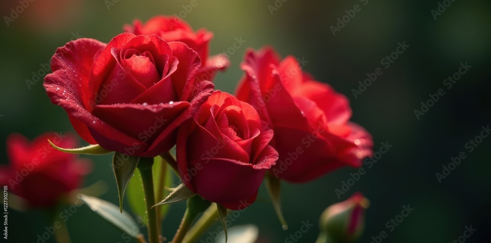 Fresh red roses in a delicate arrangement with dew drops on petals, freshness, beauty, nature Fresh red roses in a delicate arrangement with dew drops on petals, freshness, beauty, nature