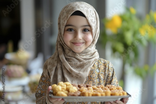 Young girl in hijab holding a tray of desserts in elegant attire, symbolizing middle eastern hospitality photo