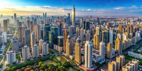 Aerial view of sprawling metropolis with towering skyscrapers and bustling streets, showcasing the city's dense development and urbanization , cityscape, urbanization