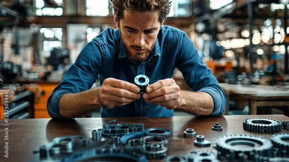 Man Assembling Mechanical Parts in Industrial Workshop Setting Man Assembling Mechanical Parts in Industrial Workshop Setting