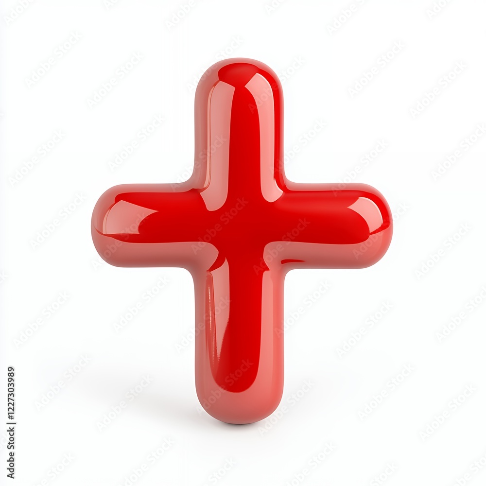 Obraz premium Vibrant Red Glossy 3D Plus Sign on White Background, Perfect for Positive and Addition Concepts