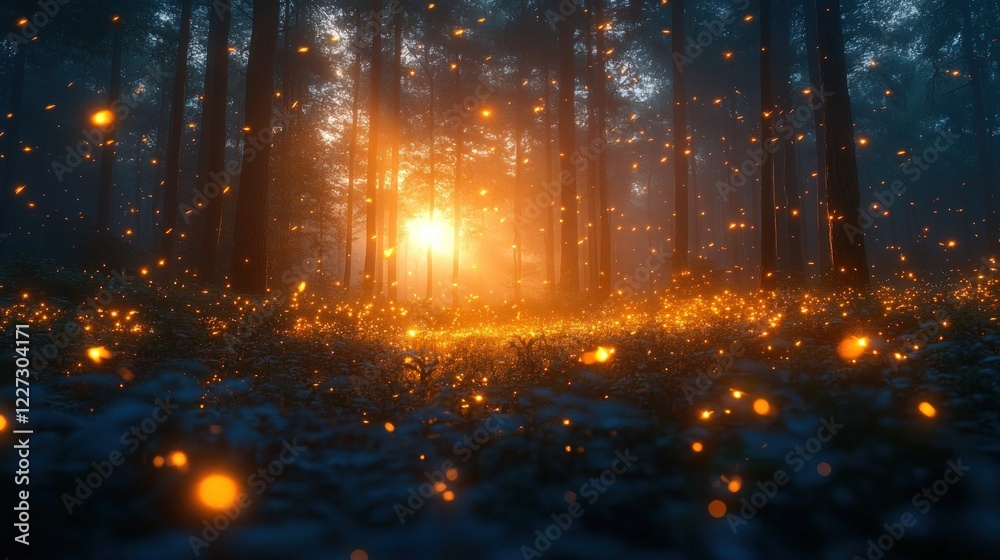 Naklejka premium Enchanting Forest Scene at Sunset with Magical Glow of Fireflies Illuminating the Trees and Ground in Serene Atmosphere