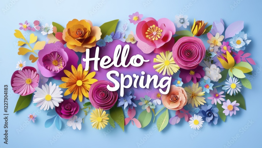 Naklejka premium Colorful paper flowers with 'hello spring' on light blue background