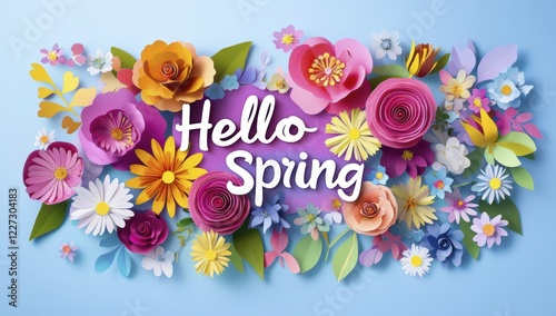 Colorful paper flowers with 'hello spring' on light blue background