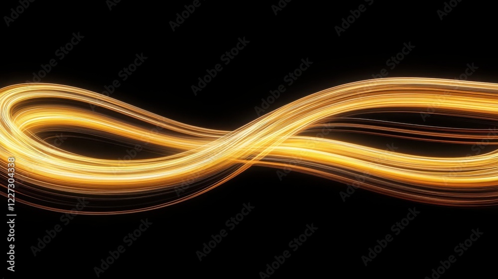 Naklejka premium Abstract waveforms in lemon yellow color on black background, long exposure effect