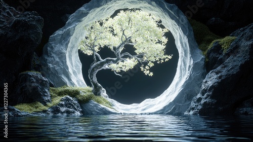 Glowing tree in cave, serene water, dark background; meditation, peace
