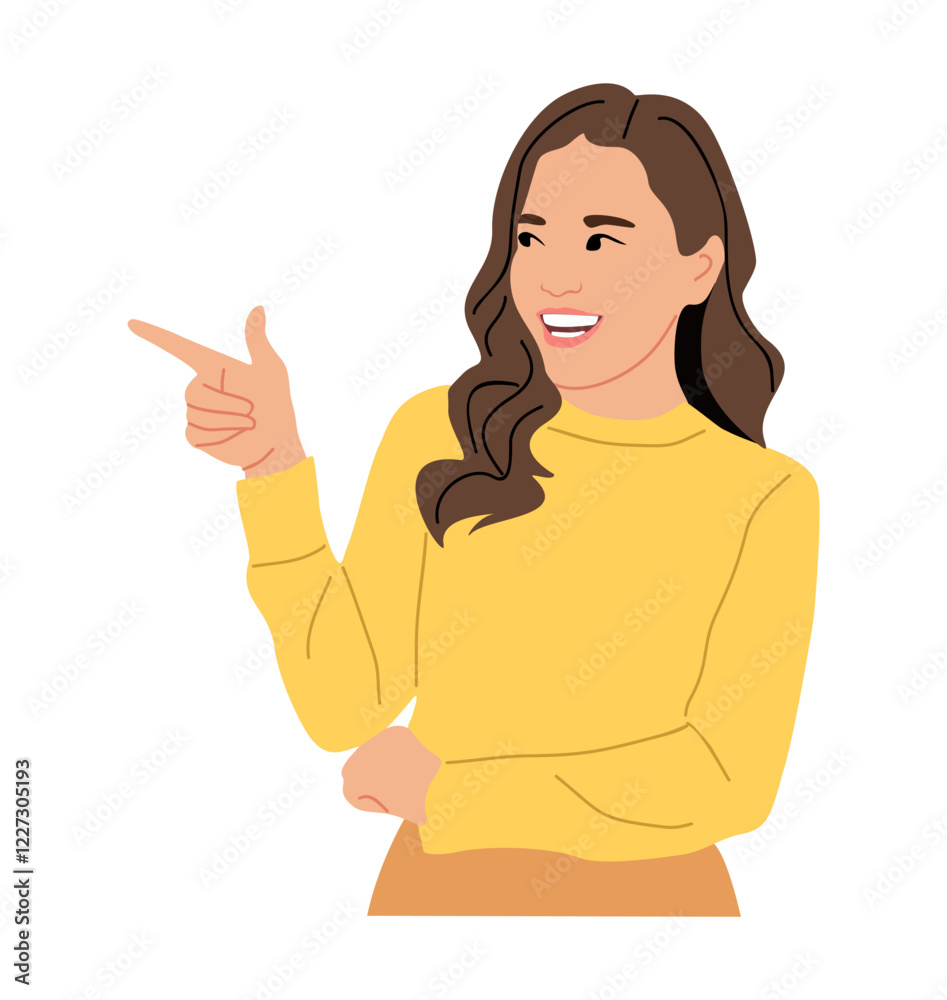 Smiling girl pointing to the side with finger. Happy excited woman showing with hand. Vector Character for the presentation of goods or services. Vector flat illustration isolated on white background Smiling girl pointing to the side with finger. Happy excited woman showing with hand. Vector Character for the presentation of goods or services. Vector flat illustration isolated on white background