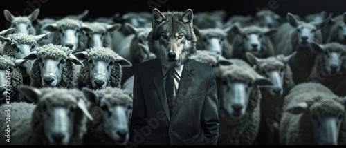 Background with a wolf in a suit among sheep. Suitable for illustrations on the theme of business, leadership and non-standard solutions.