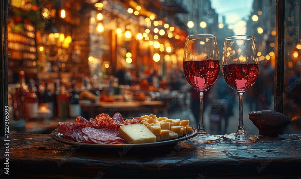 Cozy Dining Scene with Red Wine Glasses and Charcuterie on Rustic Table at Wine Tasting Event