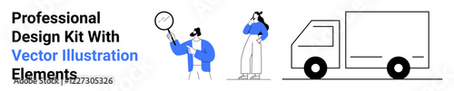 Character examining with magnifier, thoughtful woman, and truck vector. Ideal for analysis, search, exploration, logistics, business, delivery minimal design flat landing page banner