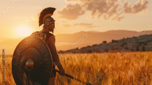 Warrior in antique armour against sunset background. Ideal for historical articles, book covers about ancient civilisations and thematic games. photo