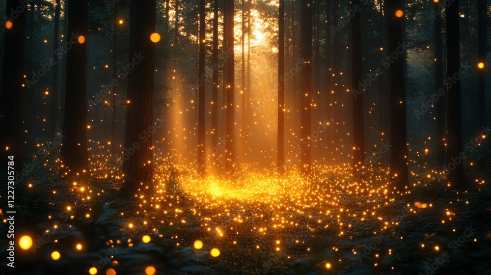 Enchanting Forest Scene Illuminated by Warm Sunlight with Airborne Glowing Particles During Serene Evening Hours Enchanting Forest Scene Illuminated by Warm Sunlight with Airborne Glowing Particles During Serene Evening Hours