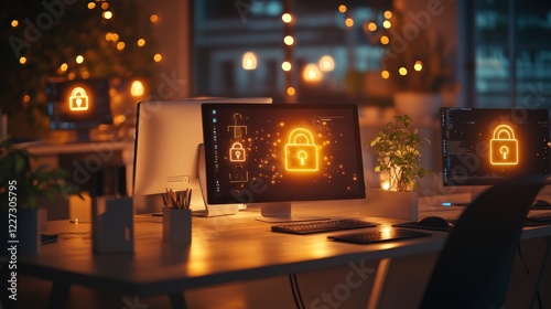 Wallpaper Mural A computer desk with a monitor that has a lock icon on it Torontodigital.ca