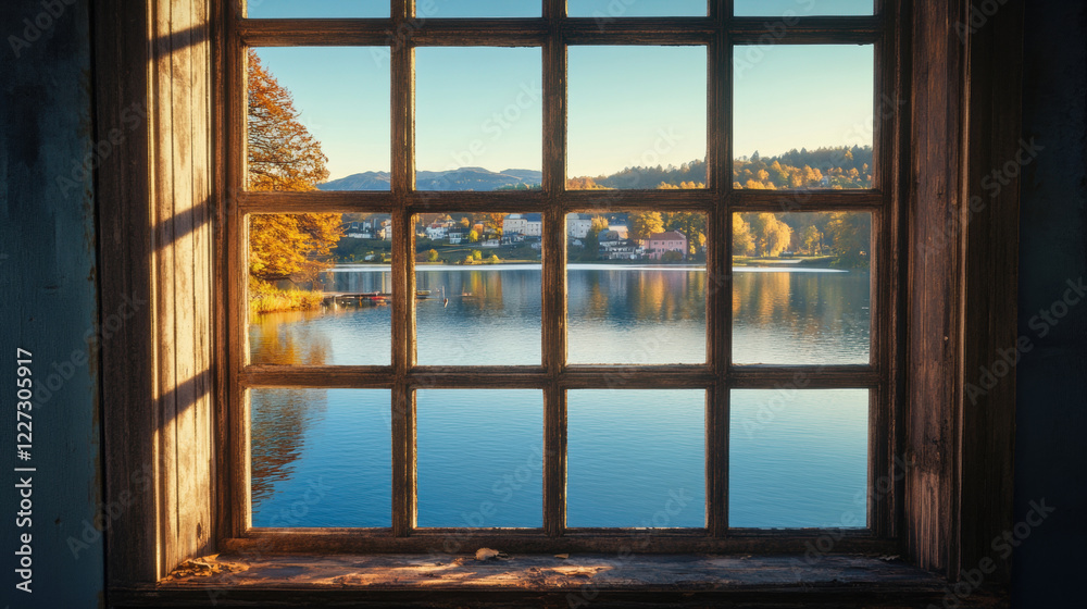 Fototapeta premium Lake window views scenery nature landscape green tree view window scenic decor house design interior ideas wallpaper backdrop