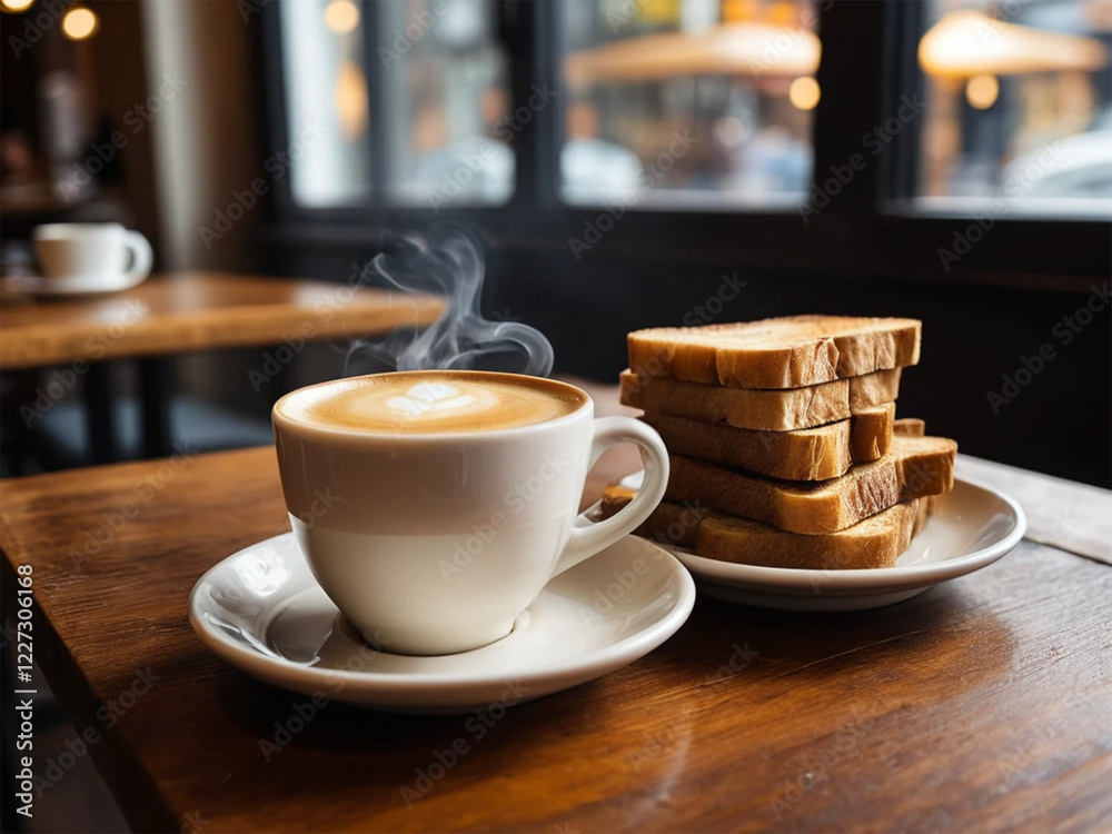 A steaming latte in a white cup with saucer on a wooden table, paired with golden toast. A cozy café ambiance with warm lighting, wooden furniture, and softly blurred hanging lamps. A steaming latte in a white cup with saucer on a wooden table, paired with golden toast. A cozy café ambiance with warm lighting, wooden furniture, and softly blurred hanging lamps.