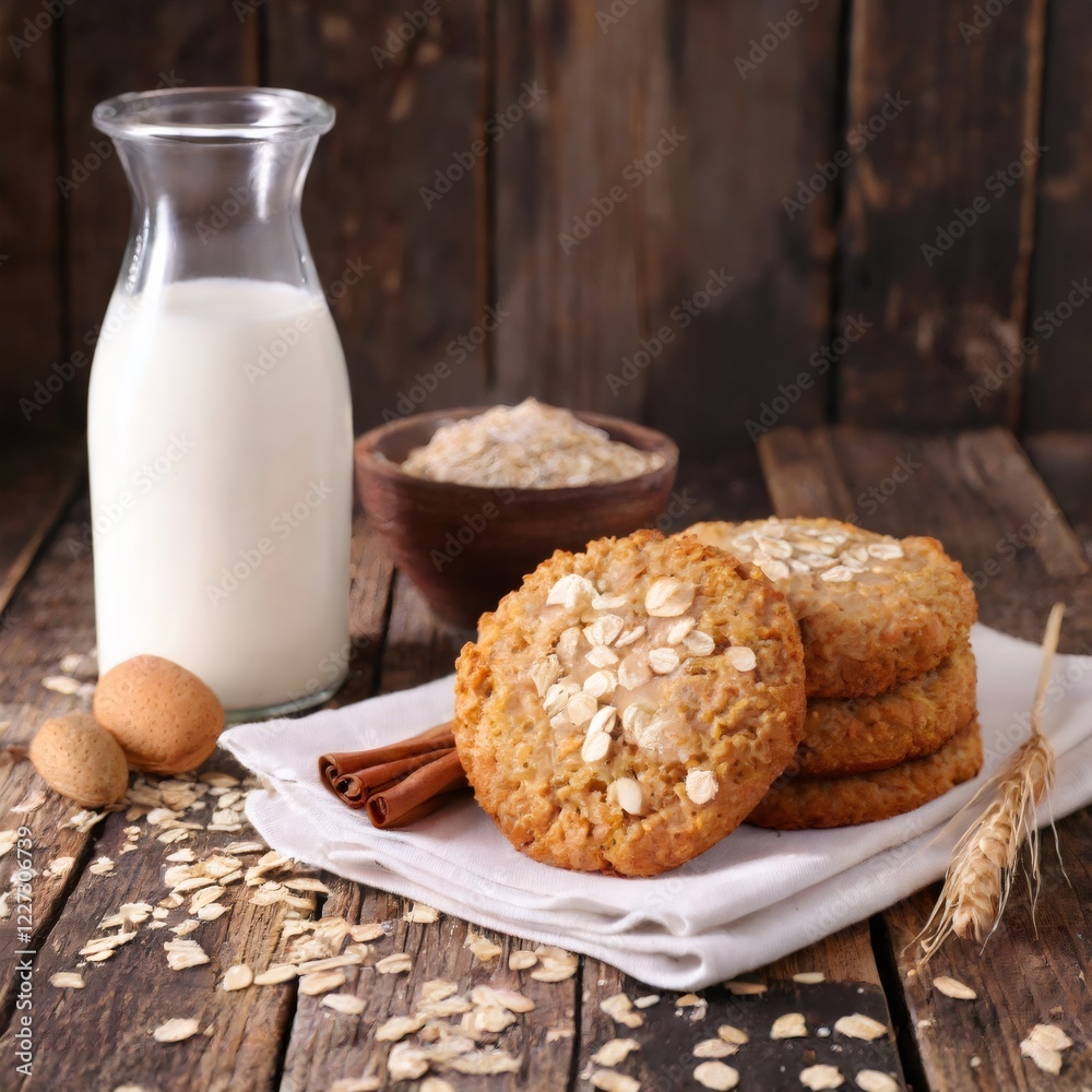 Oatmeal cookies with milk and cinnamon on rustic wooden table Oatmeal cookies with milk and cinnamon on rustic wooden table