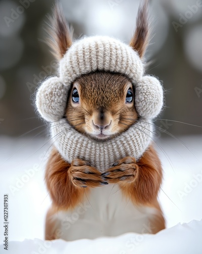 A squirrel wearing a knitted hat and scarf in the snow. photo