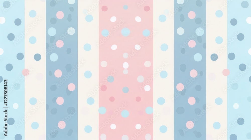 Pastel Polka Dot Pattern Background Design: Soft Blue, Pink, and Cream Vertical Stripes with Scattered Circles Pastel Polka Dot Pattern Background Design: Soft Blue, Pink, and Cream Vertical Stripes with Scattered Circles