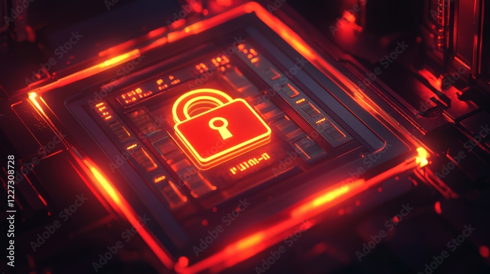 A red glowing computer chip with a key on it A red glowing computer chip with a key on it