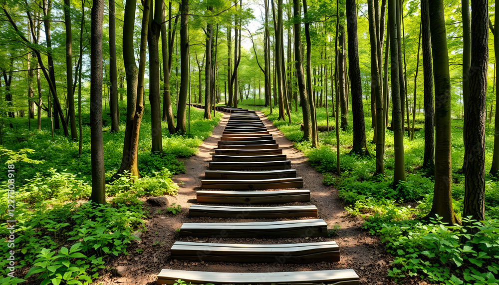 Obraz premium A path in the forest with wooden steps , with white tonespng