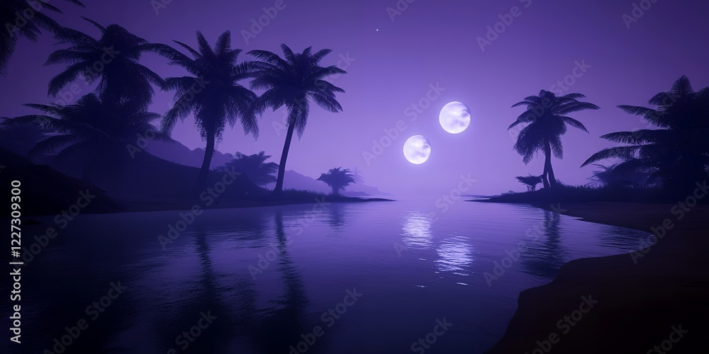 Obraz premium Serene Tropical Night Double Moon over Silhouetted Palm Trees and Calm Ocean