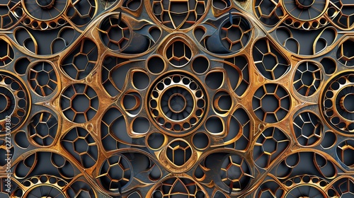 A 3D render of a detailed, intricate pattern of gears, circles, and geometric shapes. photo