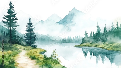 Serene Watercolor Landscape Featuring Misty Mountains and a Lake