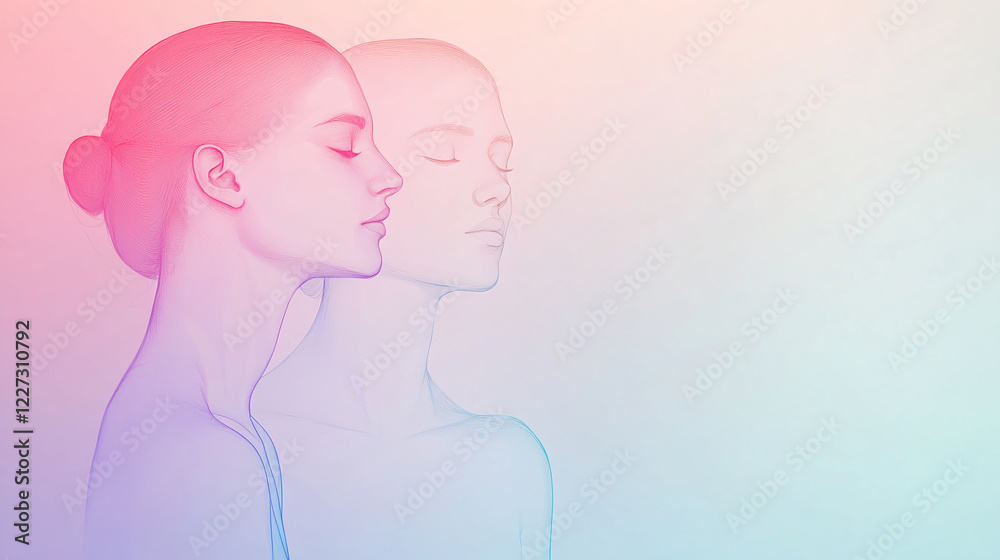 Surreal artistic illustration of a woman with a double exposure effect, symbolizing inner reflection, self-awareness, and mindfulness, with a soft gradient pastel background. Surreal artistic illustration of a woman with a double exposure effect, symbolizing inner reflection, self-awareness, and mindfulness, with a soft gradient pastel background.