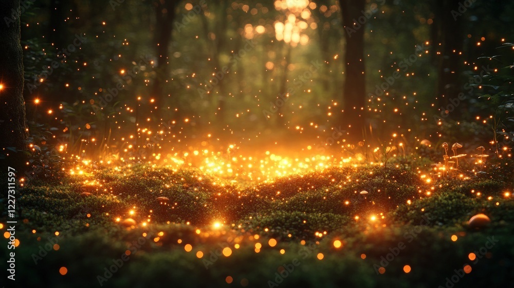 Naklejka premium Enchanting Forest Scene with Glowing Particles and Soft Light in a Mystical Atmosphere at Dusk