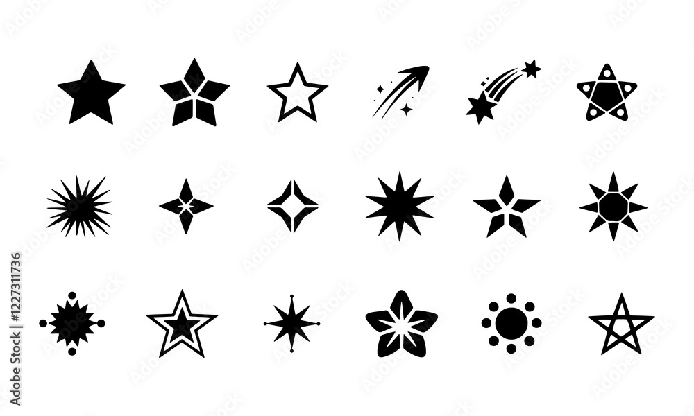 Fototapeta premium Star Vector Illustration:, star silhouette vector illustration featuring a diverse collection of stars and star like shapes,showcases solid, outlined, and dotted stars 