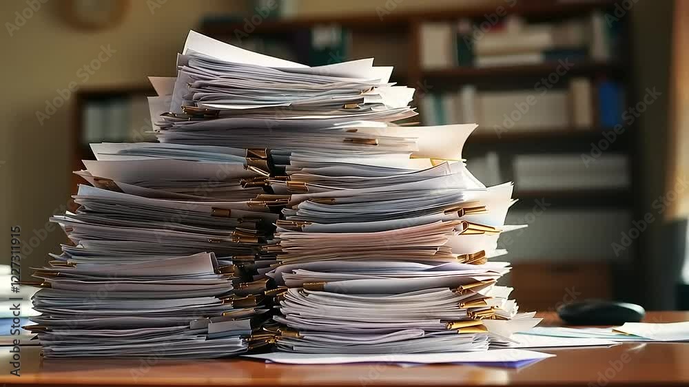 A cluttered stack of papers on a desk in an office, with bookshelves and warm lighting in the background