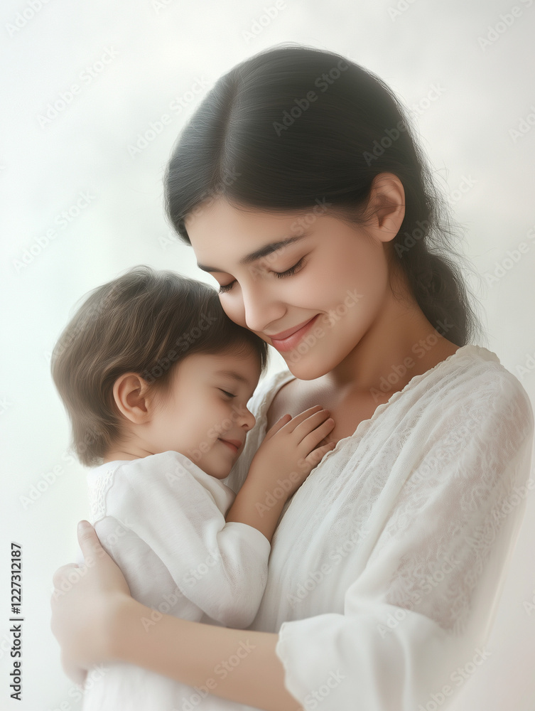 Mother and child sharing a tender moment against a soft background Mother and child sharing a tender moment against a soft background