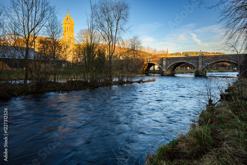 Tweed Bridge at Peebles.  The River Tweed is 97 miles long from source to estuary and runs eastward in the Scottish Borders photo