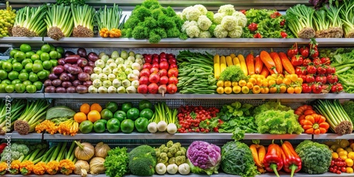 Fresh vegetables arranged on a supermarket shelf in a neat and organized manner , arrangement