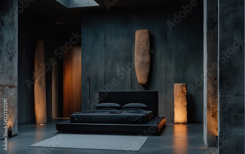 Industrial lair bedroom with dark gray concrete walls. The room features a modern bed with a black leather headboard, surrounded by eerie, large sculptures and dimly lit spotlights.  photo