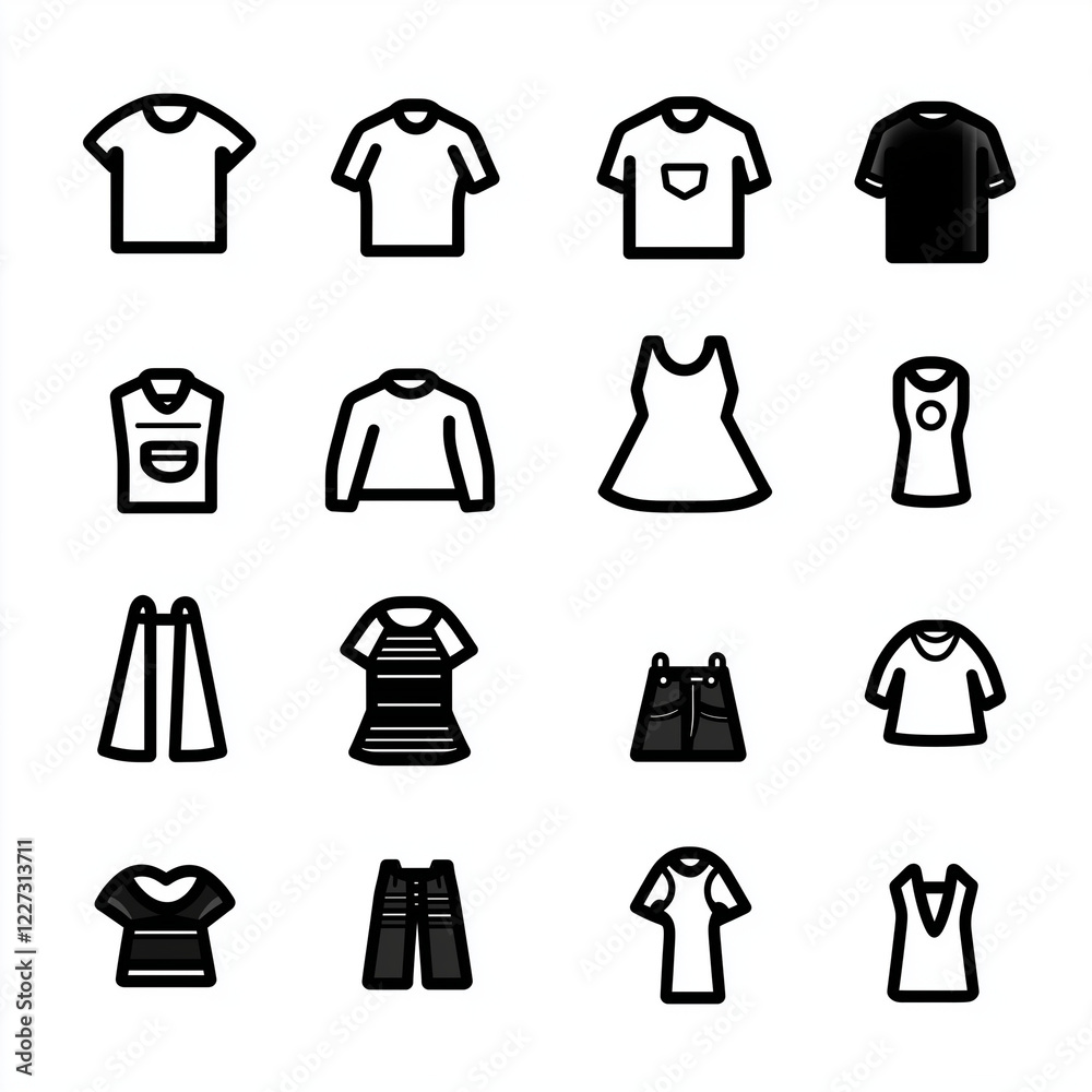 Clothing icons in various styles and designs on a white background Clothing icons in various styles and designs on a white background