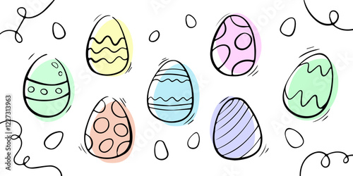 Easter eggs doodle, line art with holiday symbols, set of decorated egg stickers and drawings. Vector illustration.
