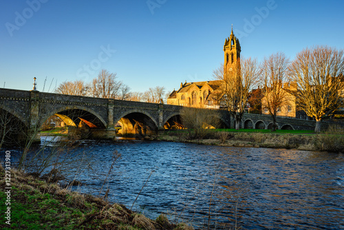 Peebles Old Parish Church by the River Tweed, which is 97 miles long from source to estuary and runs eastward in the Scottish Borders
