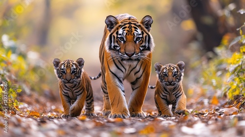 A majestic tigress leads her two adorable cubs on a forest trail in an enchanting autumn setting
