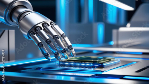 A close-up of a robotic hand assembling a microchip on a sleek, modern production line, glowing blue lights, photorealistic