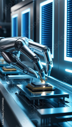 A close-up of a robotic hand assembling a microchip on a sleek, modern production line, glowing blue lights, photorealistic