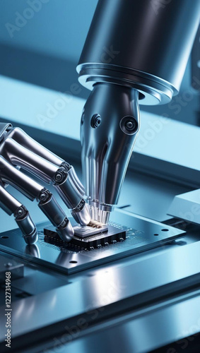 A close-up of a robotic hand assembling a microchip on a sleek, modern production line, glowing blue lights, photorealistic