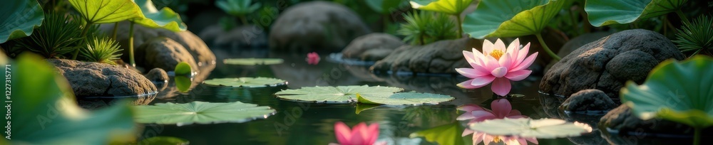 Water features and lotus flowers in serene Zen garden, floral, nature Water features and lotus flowers in serene Zen garden, floral, nature
