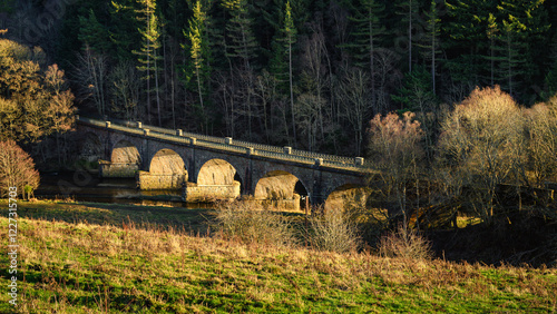 Neidpath Viaduct at Peebles over the River Tweed, which is 97 miles long from source to estuary and runs eastward in the Scottish Borders photo