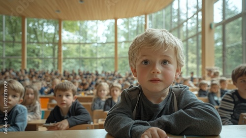 Young Boy Sits Among Many Children In A Classroom