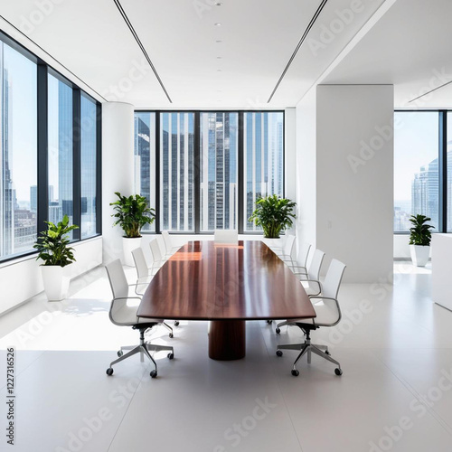 A modern and minimalist office space with large windows, a long wooden table, and chairs. The room has a sleek and clean design with white walls and floors, and a few potted plants for a touch of gree